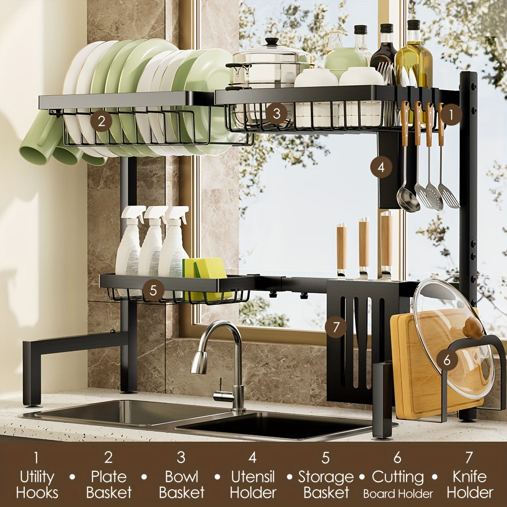 Expandable Multi-Tier Kitchen Sink Organizer Black Metal Dish Rack with Drainage Tray Spice Shelf Towel Holder Space-Saving Kitchen Storage Accessories