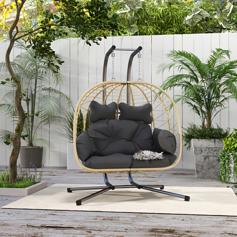 Double Wicker Egg Swing Chair with Stand, 700 Lbs Capacity Hanging Rattan Hammock Recliner, UV Water Stain Resistant Removable Cushion for Patio Balcony Deck Pool, Black & Beige