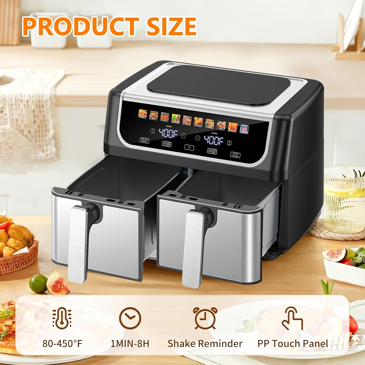 9.5 Quart Large Dual Basket Air Fryer | Independent Temp Control, Sync Mode, 10 Cooking Presets, Shake Reminder, Multi‑Function Oven for Home Use