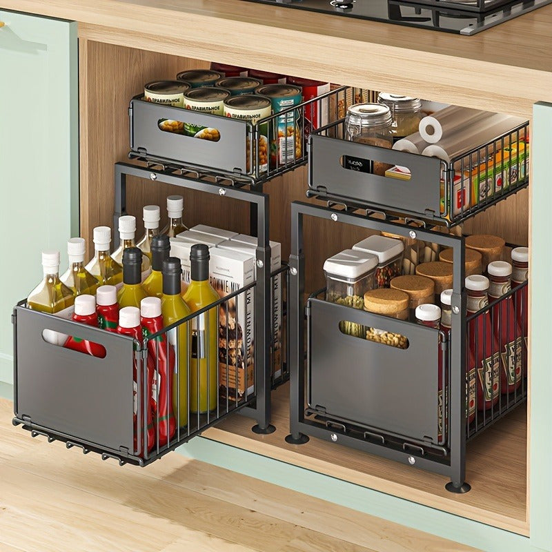 2-Tier Slide-Out Under Sink Organizer Heavy Duty Carbon Steel Kitchen Bathroom Cabinet Storage Shelf with Adjustable Shelves Hooks Sliding Drawers