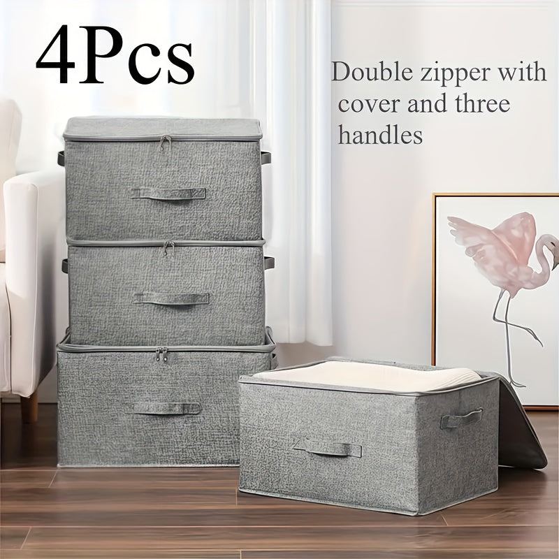4Pcs Extra Large Foldable Cationic Storage Box Waterproof Organizer with Dual Zippers 3 Handles for Wardrobe Bedroom Kitchen Bedding Books Home Storage