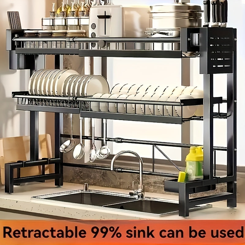 Expandable Multi-Tier Kitchen Sink Organizer Black Metal Dish Rack with Drainage Tray Spice Shelf Towel Holder Space-Saving Kitchen Storage Accessories