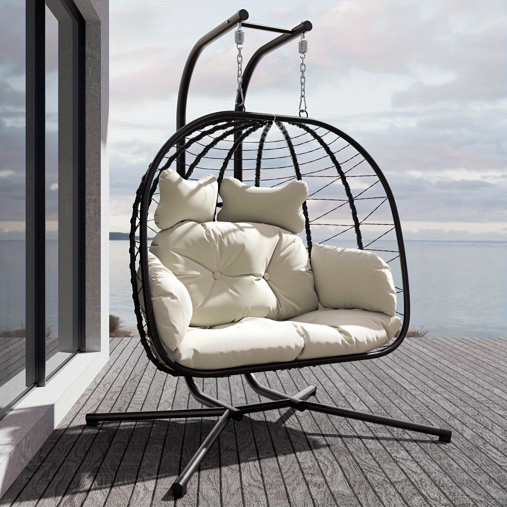 Double Wicker Egg Swing Chair with Stand, 700 Lbs Capacity Hanging Rattan Hammock Recliner, UV Water Stain Resistant Removable Cushion for Patio Balcony Deck Pool, Black & Beige