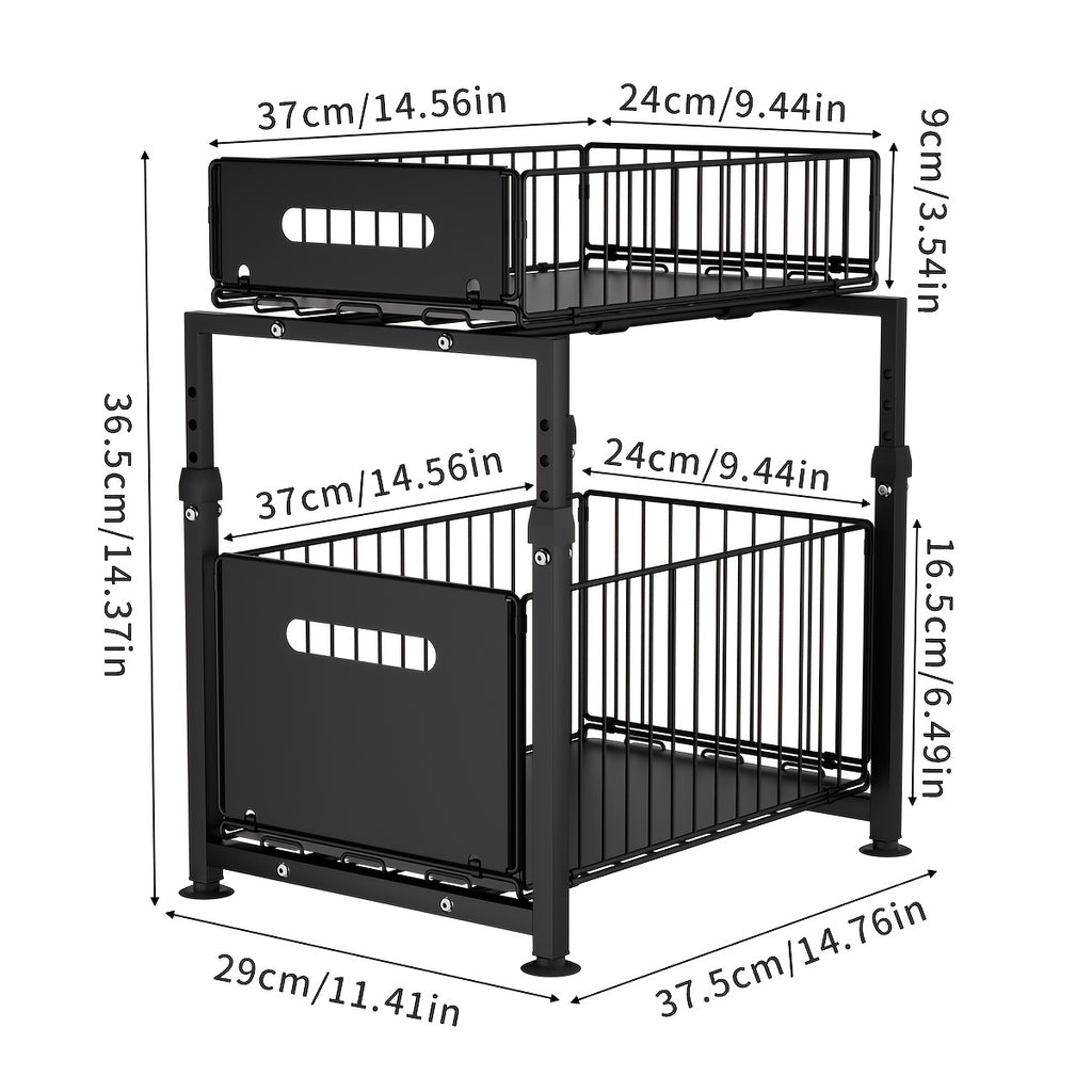 2-Tier Slide-Out Under Sink Organizer Heavy Duty Carbon Steel Kitchen Bathroom Cabinet Storage Shelf with Adjustable Shelves Hooks Sliding Drawers