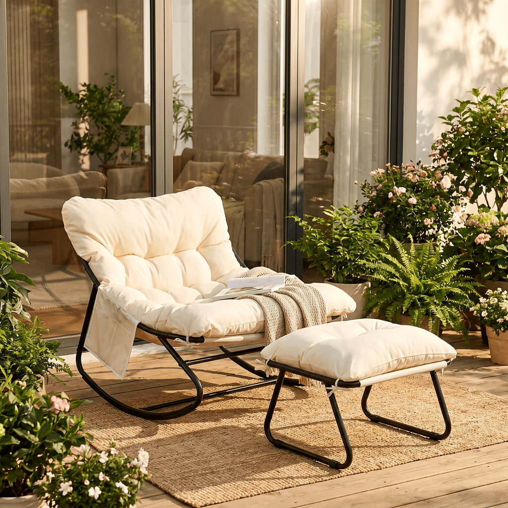 Outdoor Papasan Rocking Chair with Ottoman, Sturdy Metal Frame Patio Lounge Rocker Chair with Cushion for Balcony Backyard Porch
