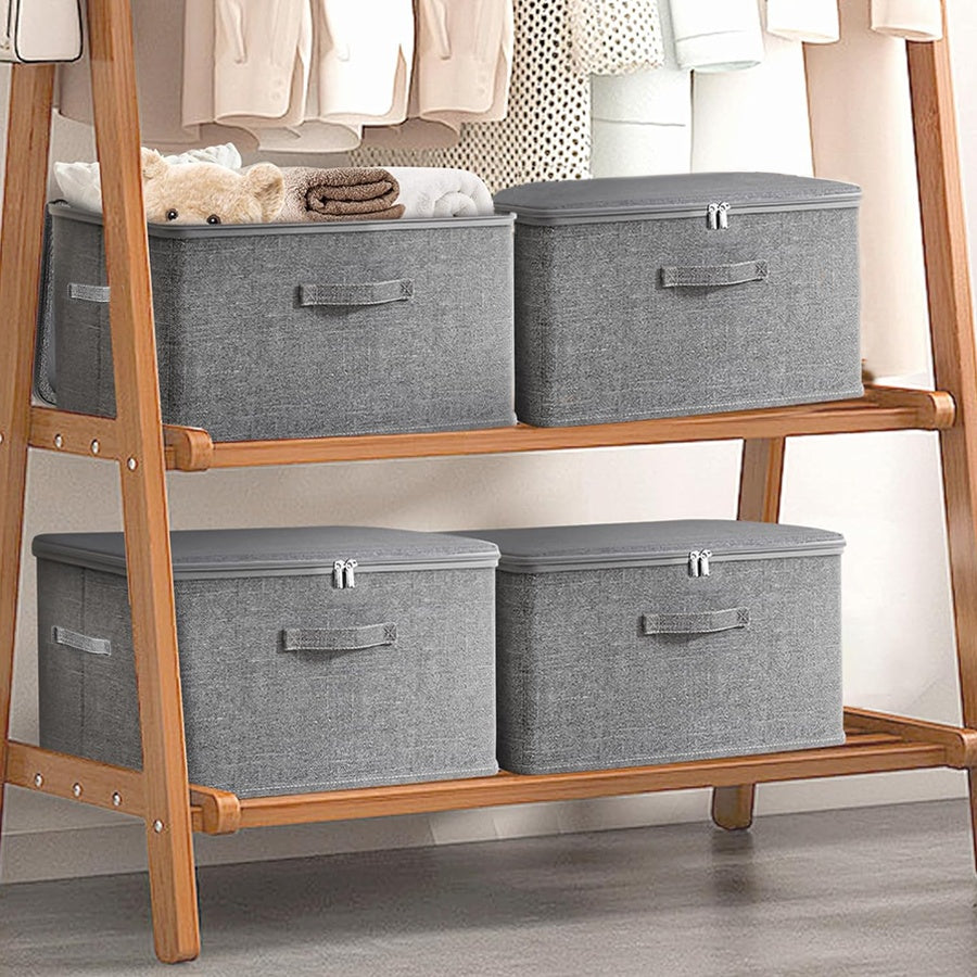 4Pcs Extra Large Foldable Cationic Storage Box Waterproof Organizer with Dual Zippers 3 Handles for Wardrobe Bedroom Kitchen Bedding Books Home Storage