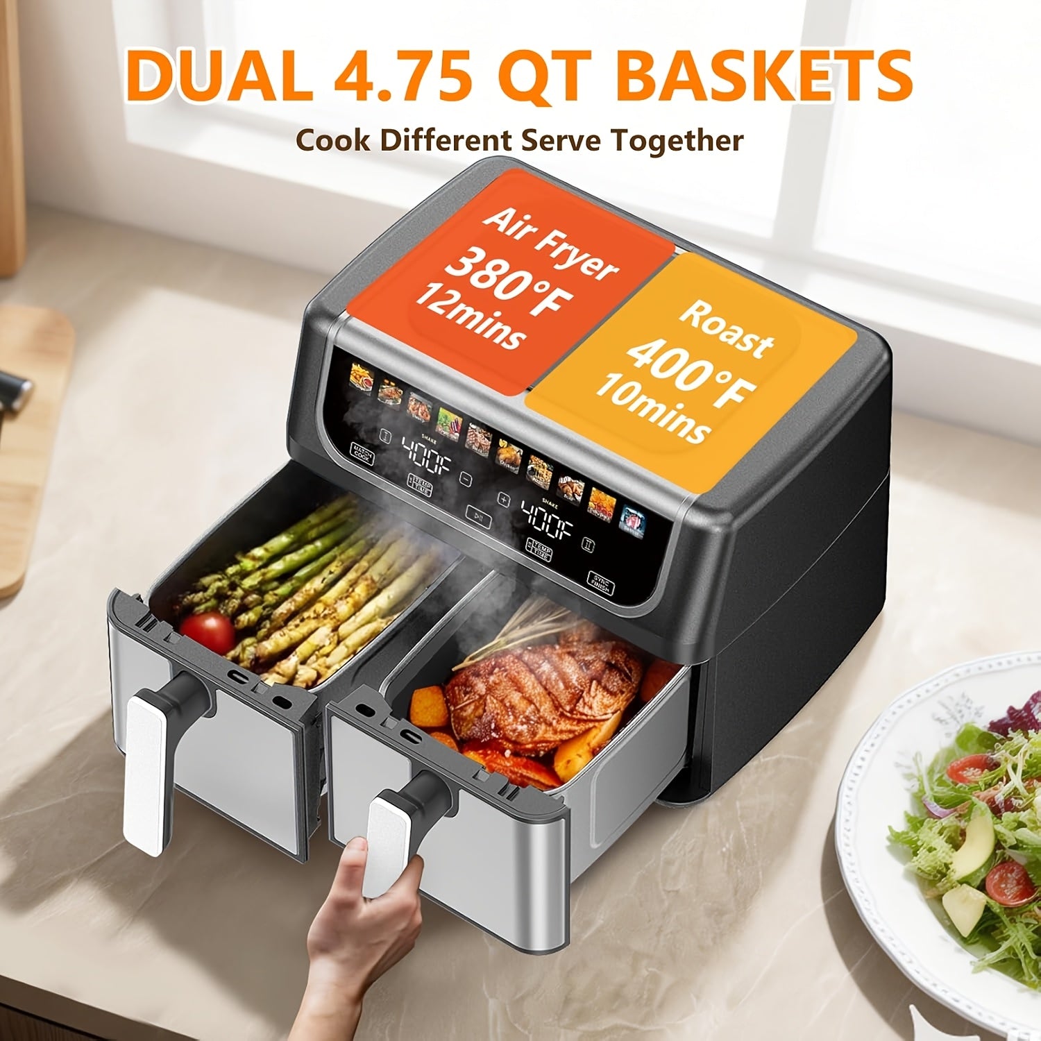 9.5 Quart Large Dual Basket Air Fryer | Independent Temp Control, Sync Mode, 10 Cooking Presets, Shake Reminder, Multi‑Function Oven for Home Use