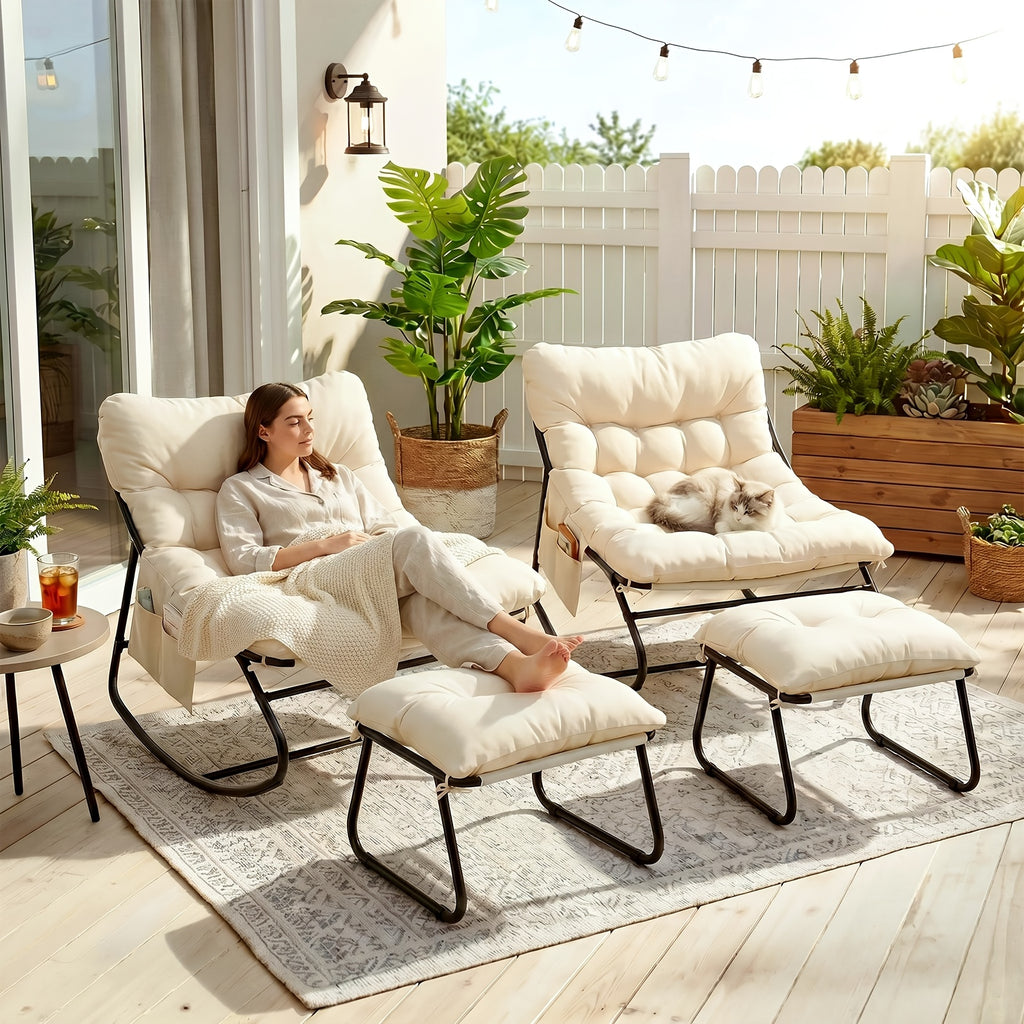 Outdoor Papasan Rocking Chair with Ottoman, Sturdy Metal Frame Patio Lounge Rocker Chair with Cushion for Balcony Backyard Porch