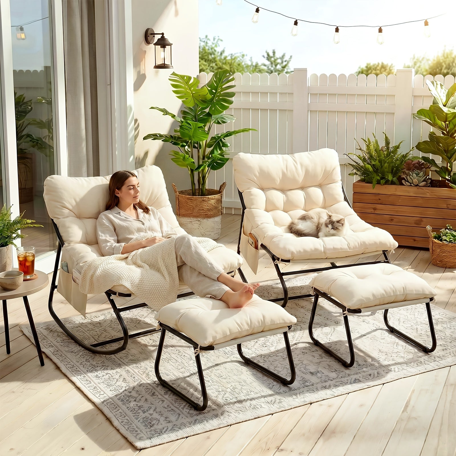Outdoor Papasan Rocking Chair with Ottoman, Sturdy Metal Frame Patio Lounge Rocker Chair with Cushion for Balcony Backyard Porch