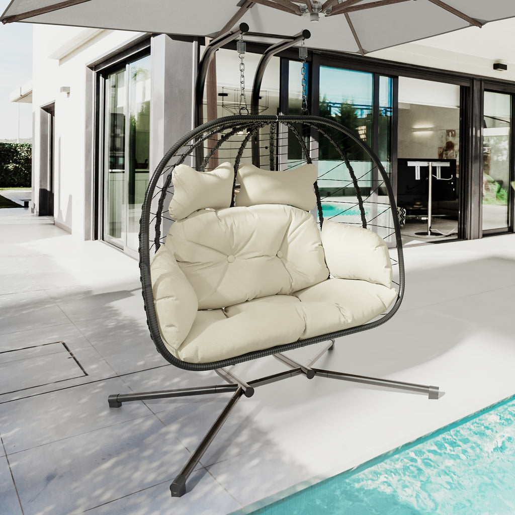 Double Wicker Egg Swing Chair with Stand, 700 Lbs Capacity Hanging Rattan Hammock Recliner, UV Water Stain Resistant Removable Cushion for Patio Balcony Deck Pool, Black & Beige