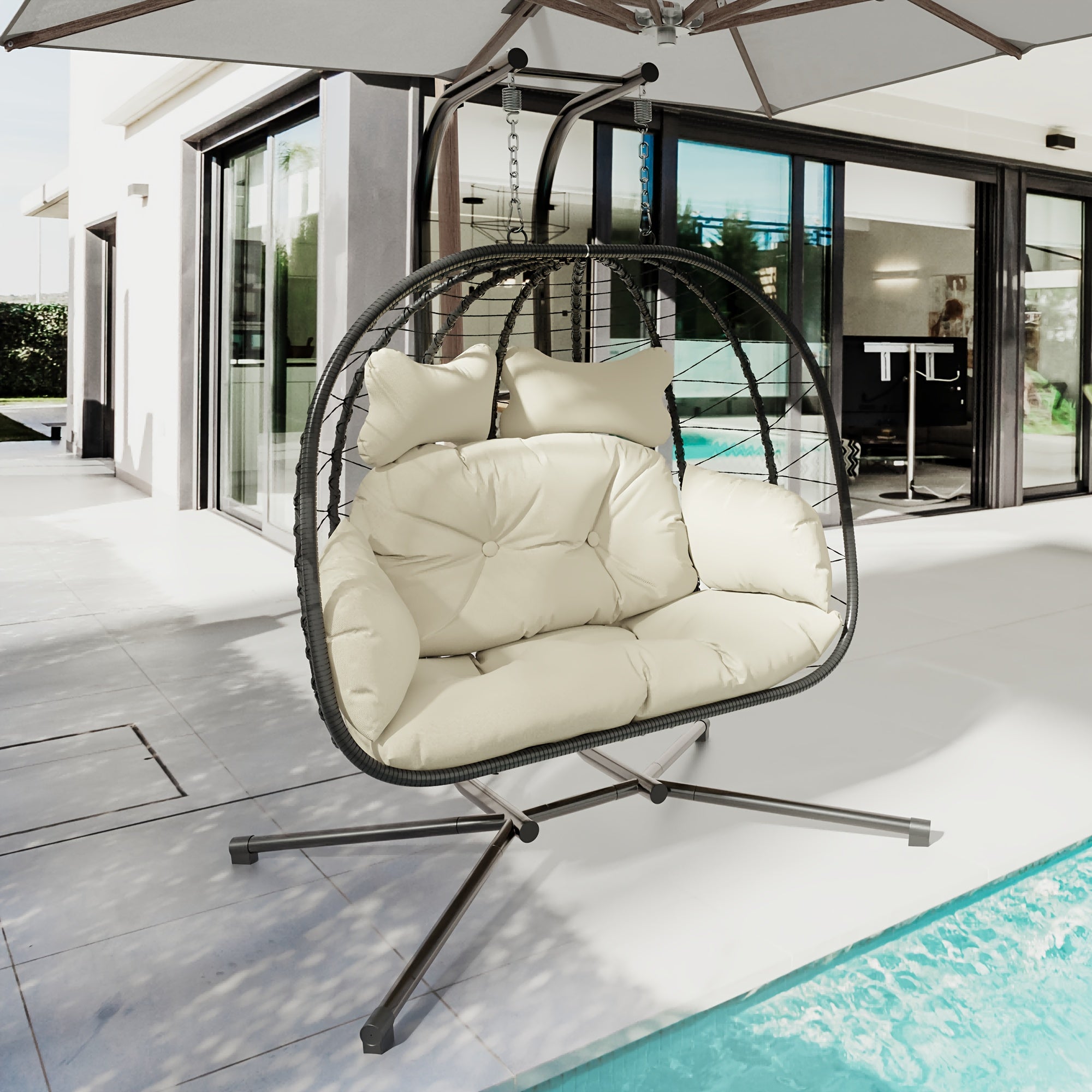 Double Wicker Egg Swing Chair with Stand, 700 Lbs Capacity Hanging Rattan Hammock Recliner, UV Water Stain Resistant Removable Cushion for Patio Balcony Deck Pool, Black & Beige
