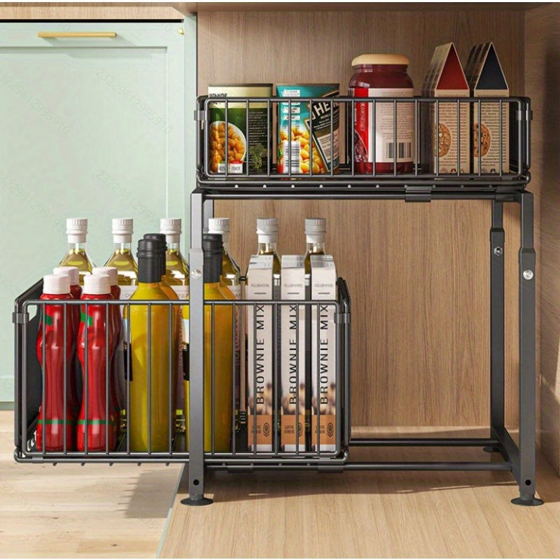 2-Tier Slide-Out Under Sink Organizer Heavy Duty Carbon Steel Kitchen Bathroom Cabinet Storage Shelf with Adjustable Shelves Hooks Sliding Drawers