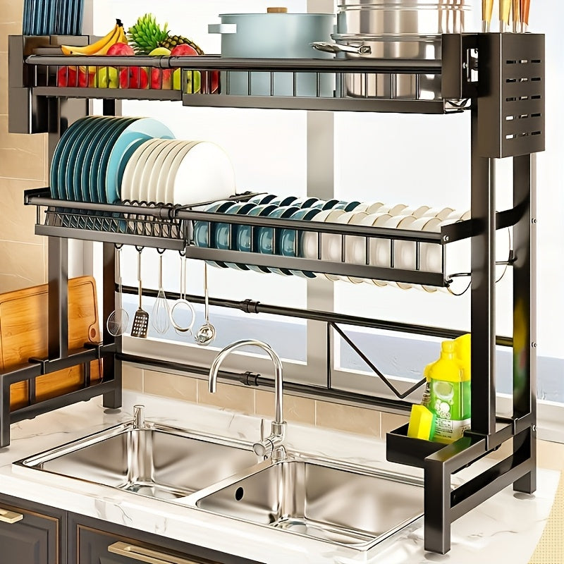 Expandable Multi-Tier Kitchen Sink Organizer Black Metal Dish Rack with Drainage Tray Spice Shelf Towel Holder Space-Saving Kitchen Storage Accessories