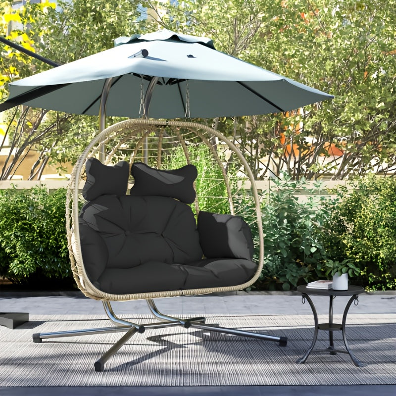 Double Wicker Egg Swing Chair with Stand, 700 Lbs Capacity Hanging Rattan Hammock Recliner, UV Water Stain Resistant Removable Cushion for Patio Balcony Deck Pool, Black & Beige