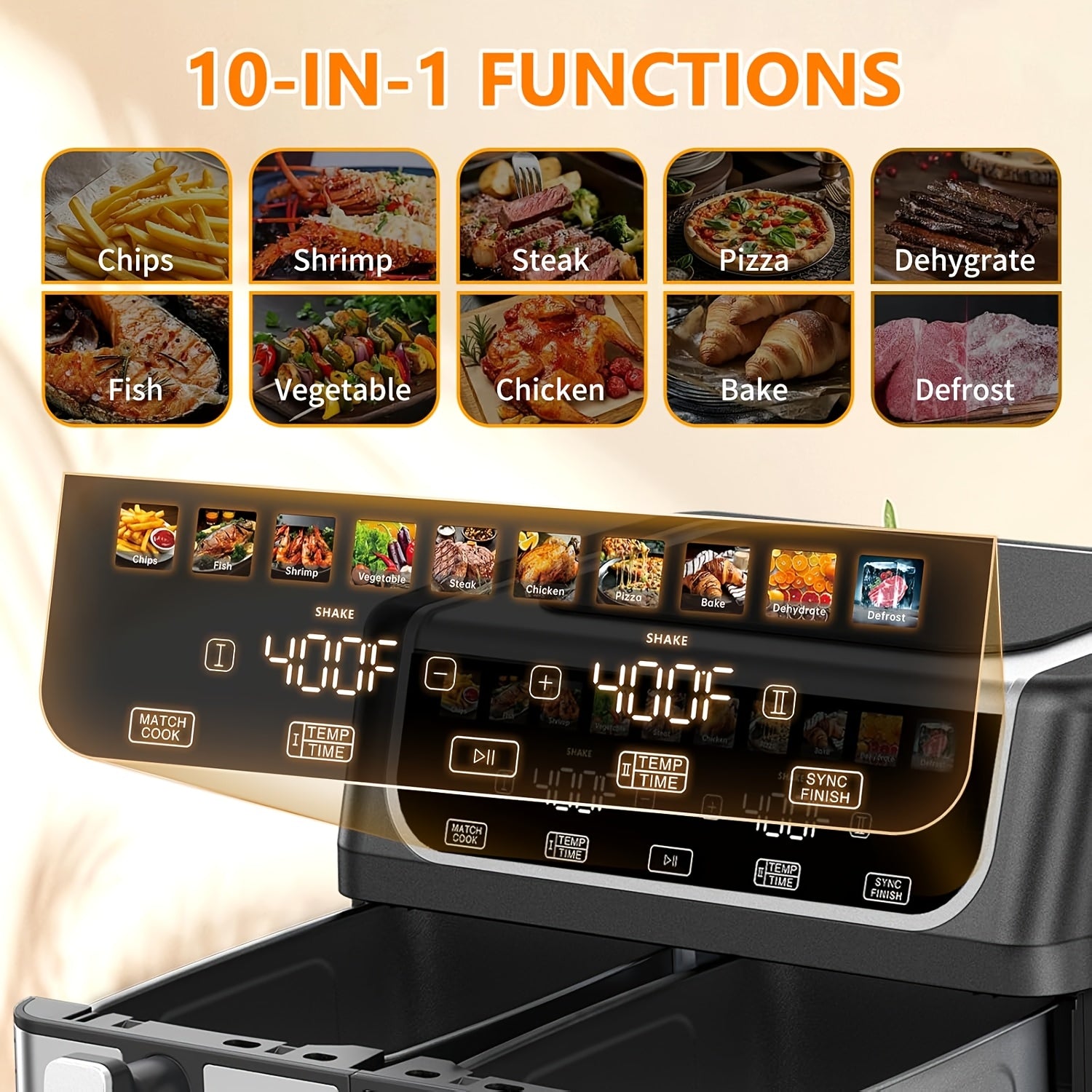 9.5 Quart Large Dual Basket Air Fryer | Independent Temp Control, Sync Mode, 10 Cooking Presets, Shake Reminder, Multi‑Function Oven for Home Use