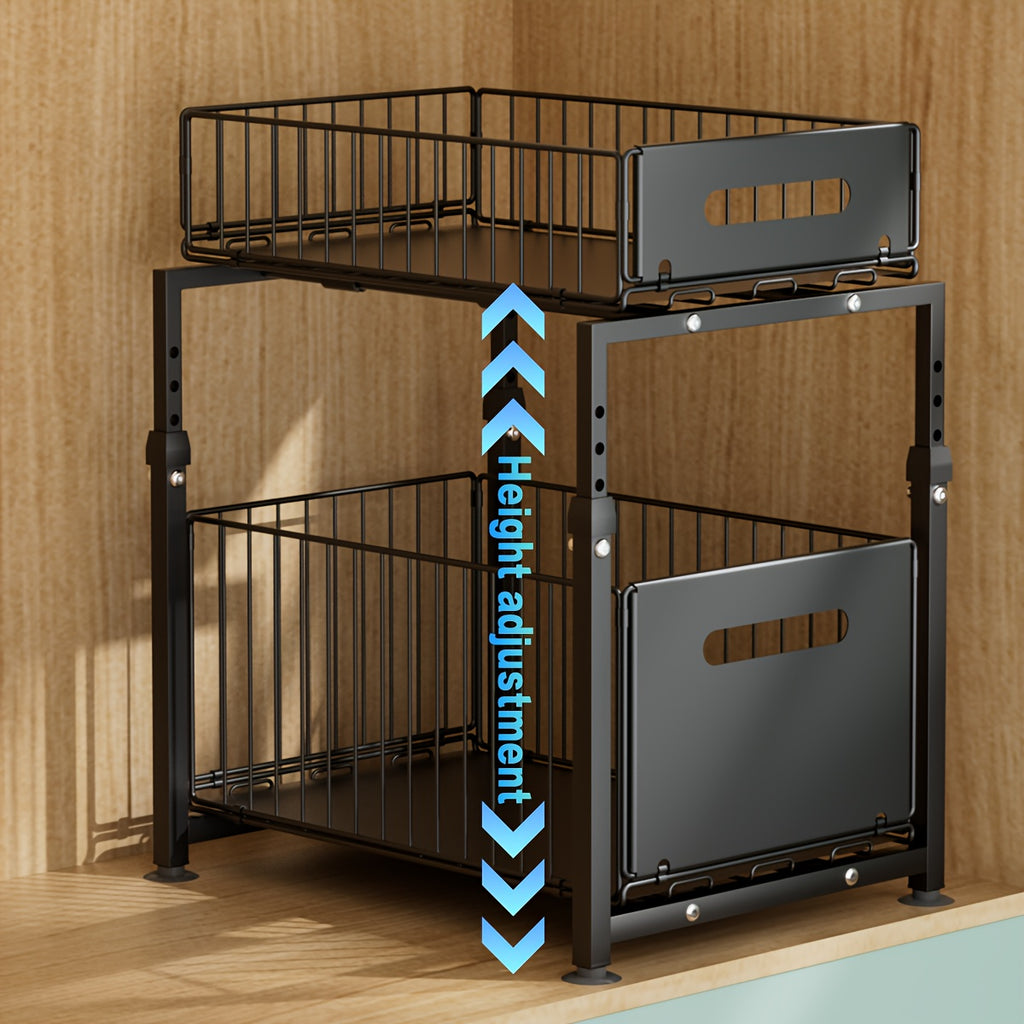 2-Tier Slide-Out Under Sink Organizer Heavy Duty Carbon Steel Kitchen Bathroom Cabinet Storage Shelf with Adjustable Shelves Hooks Sliding Drawers