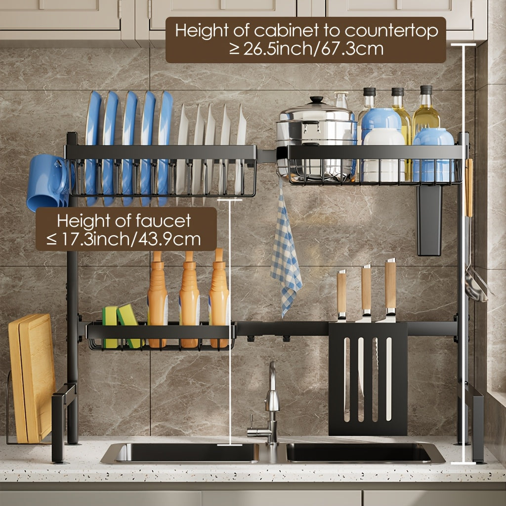 Expandable Multi-Tier Kitchen Sink Organizer Black Metal Dish Rack with Drainage Tray Spice Shelf Towel Holder Space-Saving Kitchen Storage Accessories