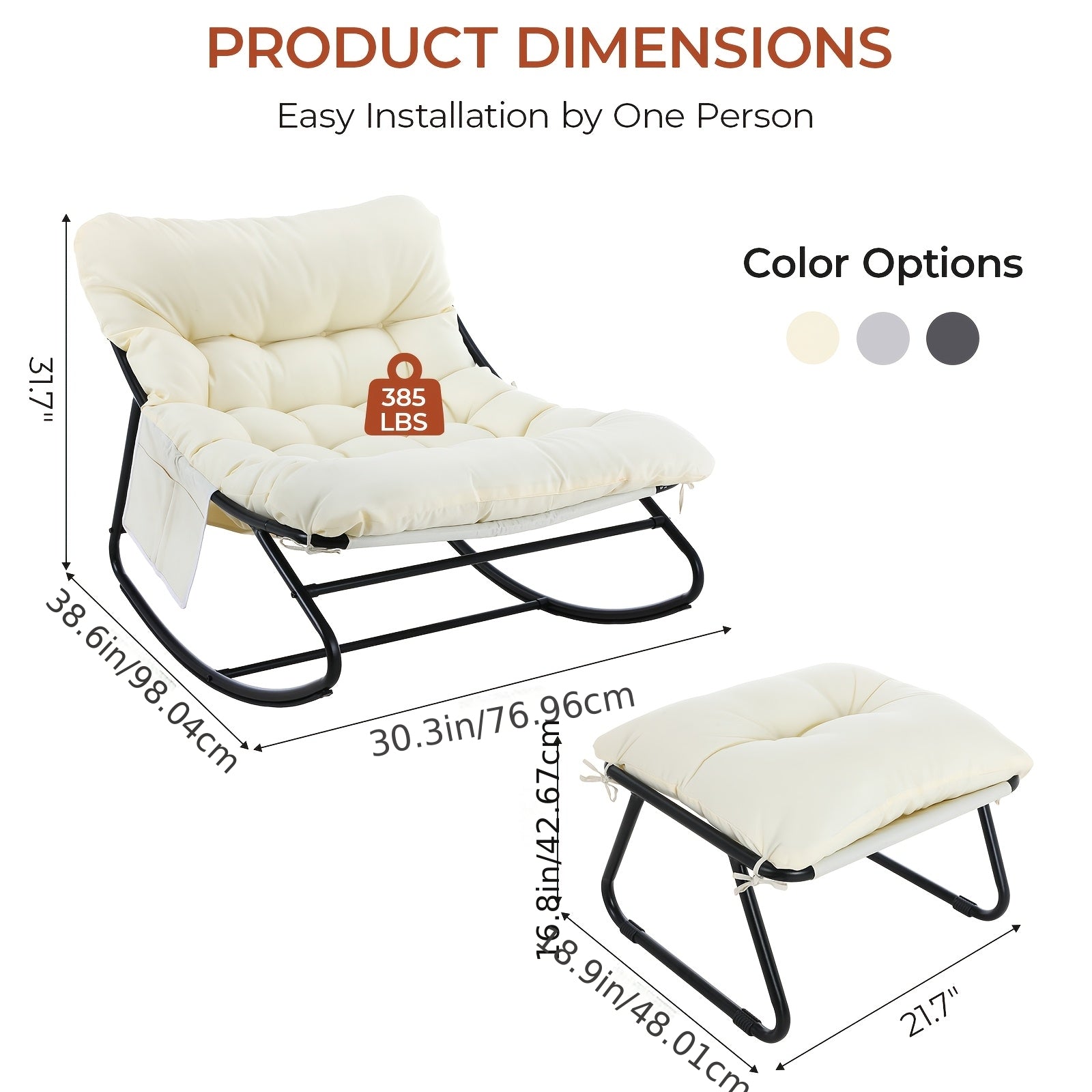 Outdoor Papasan Rocking Chair with Ottoman, Sturdy Metal Frame Patio Lounge Rocker Chair with Cushion for Balcony Backyard Porch