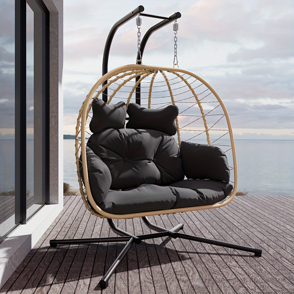 Double Wicker Egg Swing Chair with Stand, 700 Lbs Capacity Hanging Rattan Hammock Recliner, UV Water Stain Resistant Removable Cushion for Patio Balcony Deck Pool, Black & Beige
