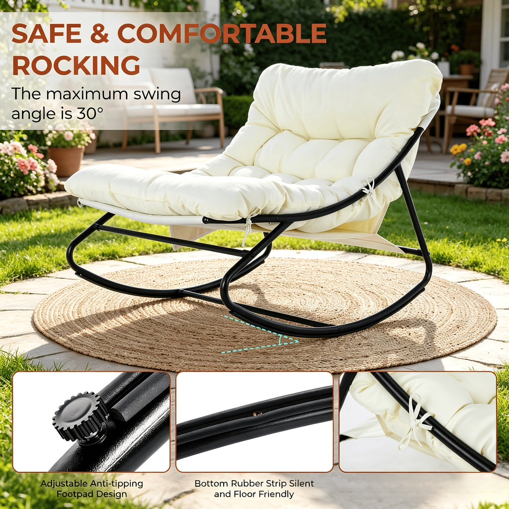 Outdoor Papasan Rocking Chair with Ottoman, Sturdy Metal Frame Patio Lounge Rocker Chair with Cushion for Balcony Backyard Porch