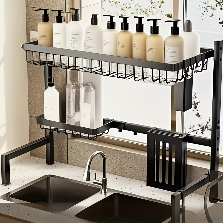 Expandable Multi-Tier Kitchen Sink Organizer Black Metal Dish Rack with Drainage Tray Spice Shelf Towel Holder Space-Saving Kitchen Storage Accessories