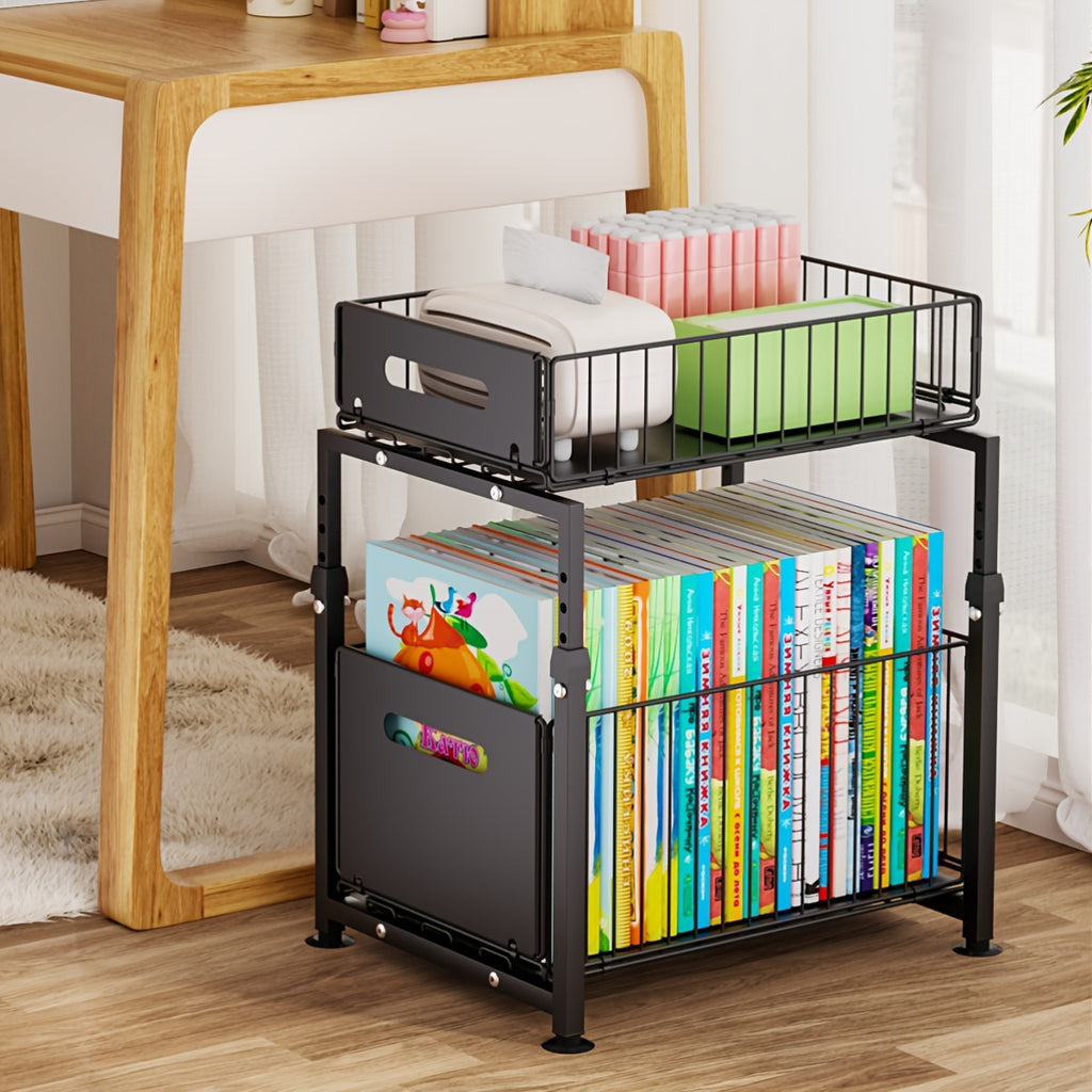 2-Tier Slide-Out Under Sink Organizer Heavy Duty Carbon Steel Kitchen Bathroom Cabinet Storage Shelf with Adjustable Shelves Hooks Sliding Drawers