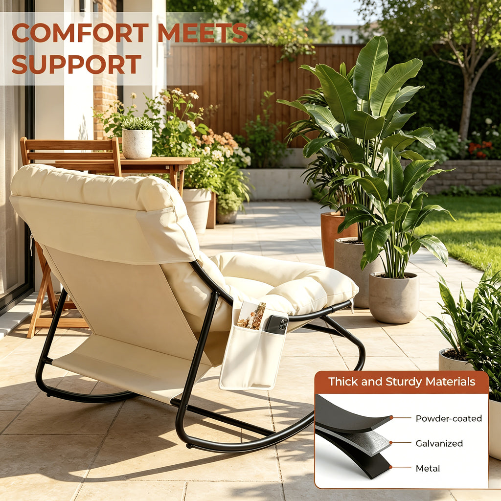 Outdoor Papasan Rocking Chair with Ottoman, Sturdy Metal Frame Patio Lounge Rocker Chair with Cushion for Balcony Backyard Porch