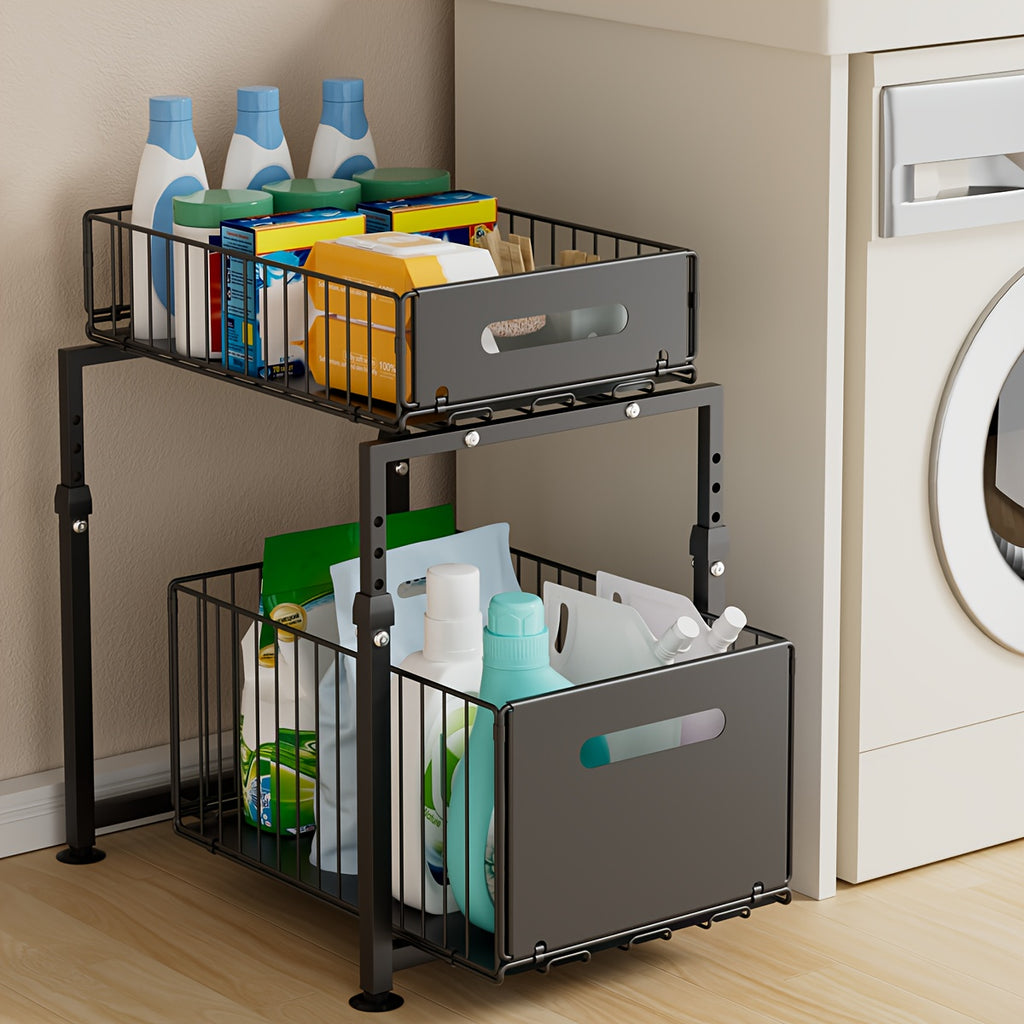 2-Tier Slide-Out Under Sink Organizer Heavy Duty Carbon Steel Kitchen Bathroom Cabinet Storage Shelf with Adjustable Shelves Hooks Sliding Drawers