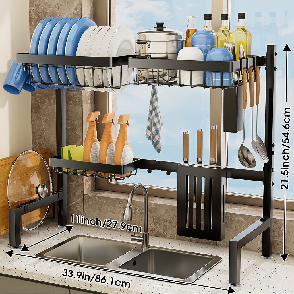 Expandable Multi-Tier Kitchen Sink Organizer Black Metal Dish Rack with Drainage Tray Spice Shelf Towel Holder Space-Saving Kitchen Storage Accessories
