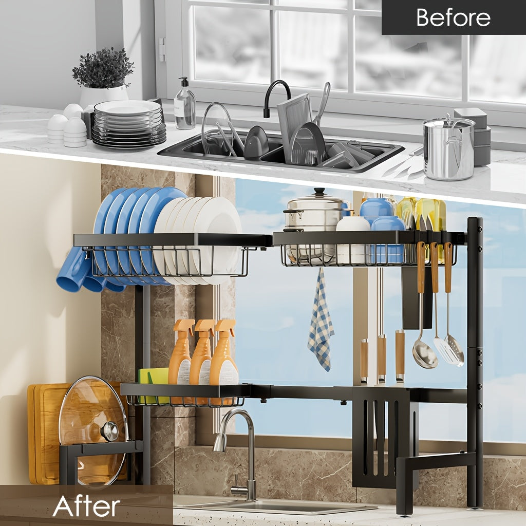 Expandable Multi-Tier Kitchen Sink Organizer Black Metal Dish Rack with Drainage Tray Spice Shelf Towel Holder Space-Saving Kitchen Storage Accessories