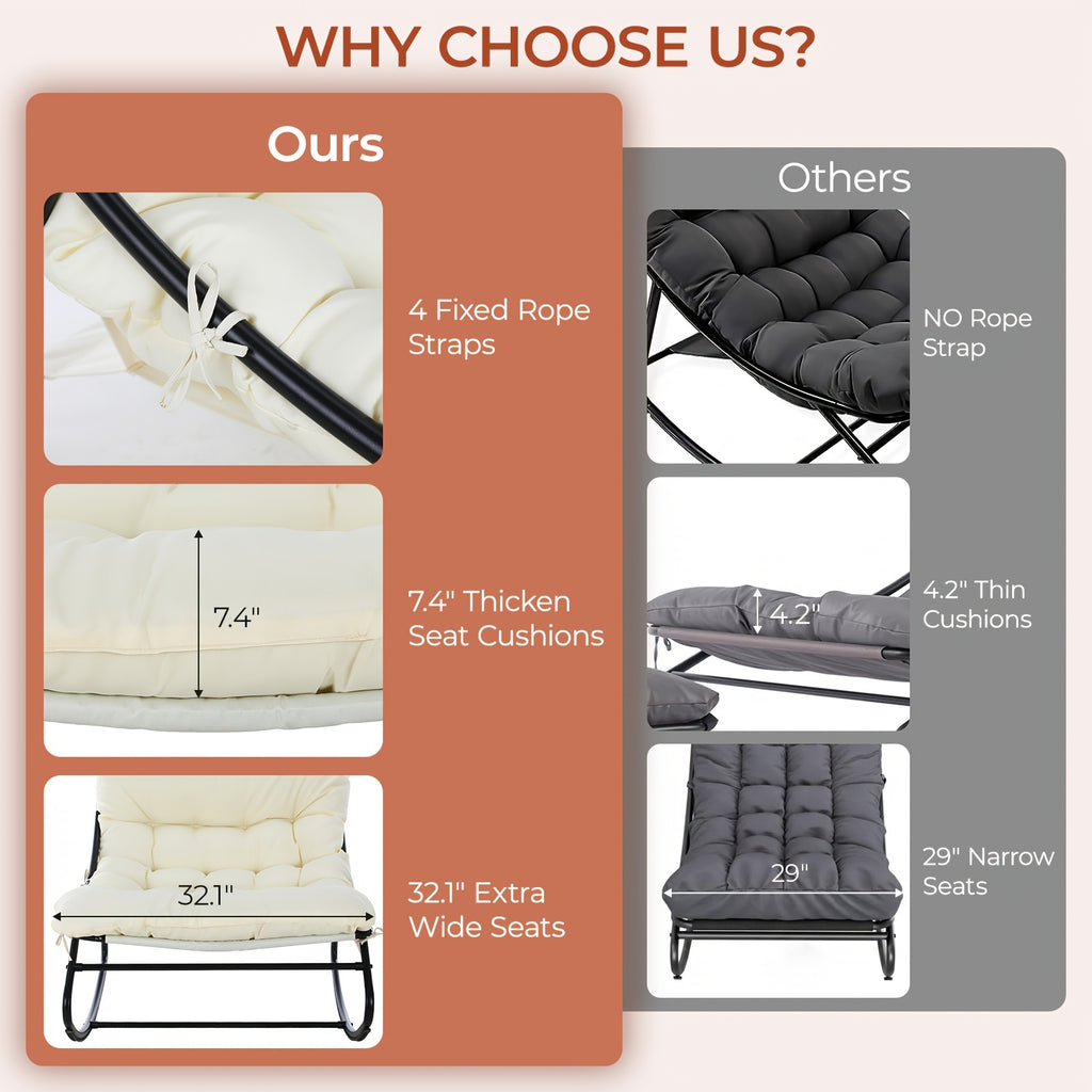 Outdoor Papasan Rocking Chair with Ottoman, Sturdy Metal Frame Patio Lounge Rocker Chair with Cushion for Balcony Backyard Porch