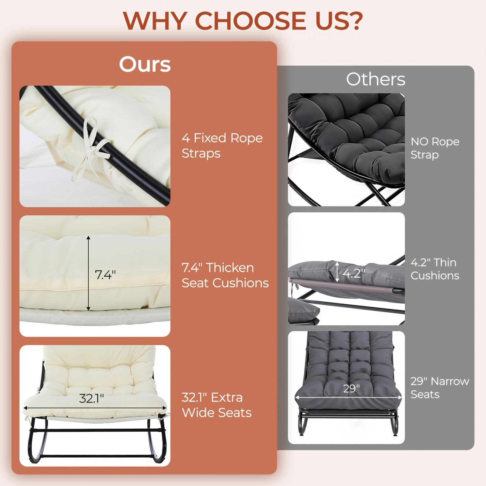 Outdoor Papasan Rocking Chair with Ottoman, Sturdy Metal Frame Patio Lounge Rocker Chair with Cushion for Balcony Backyard Porch