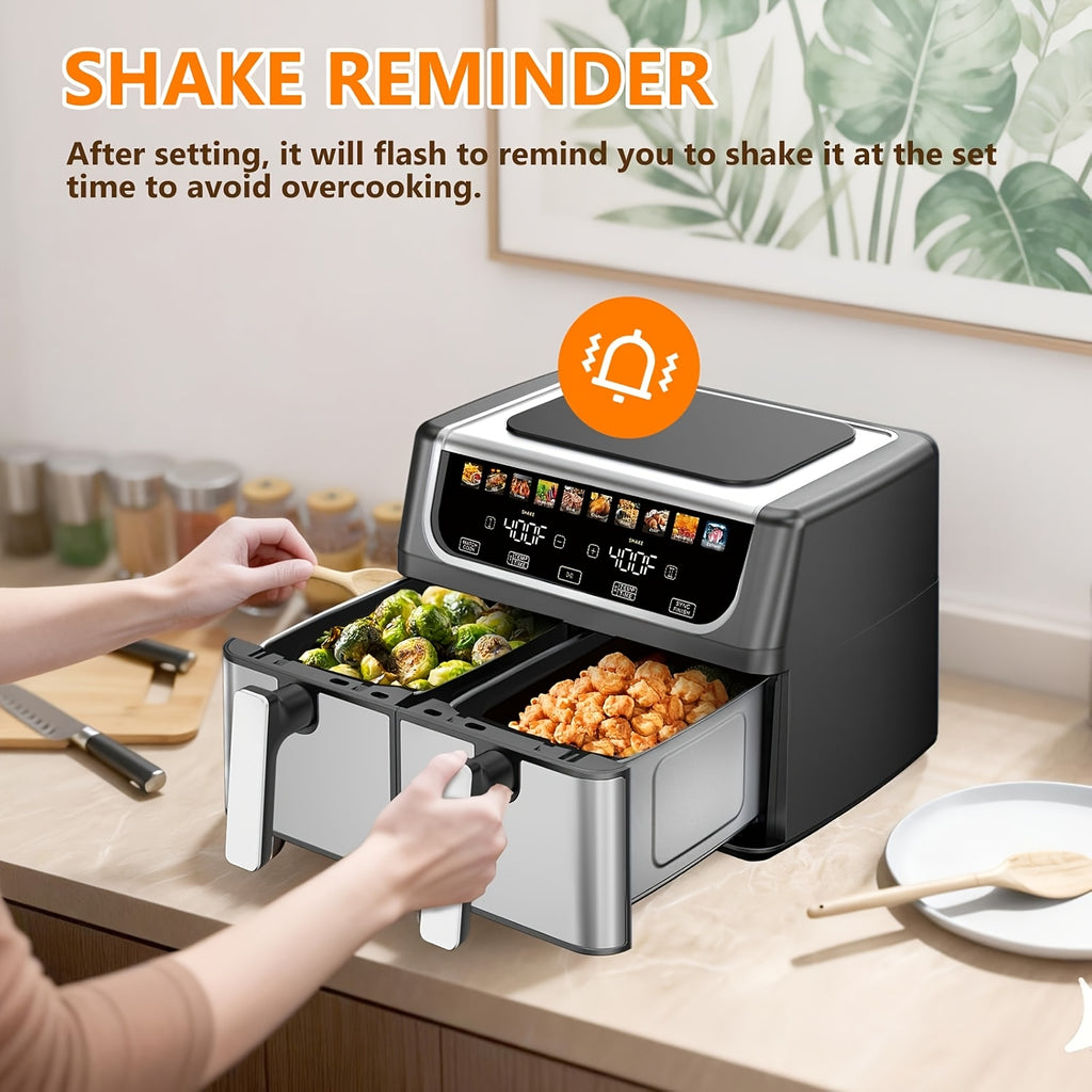 9.5 Quart Large Dual Basket Air Fryer | Independent Temp Control, Sync Mode, 10 Cooking Presets, Shake Reminder, Multi‑Function Oven for Home Use