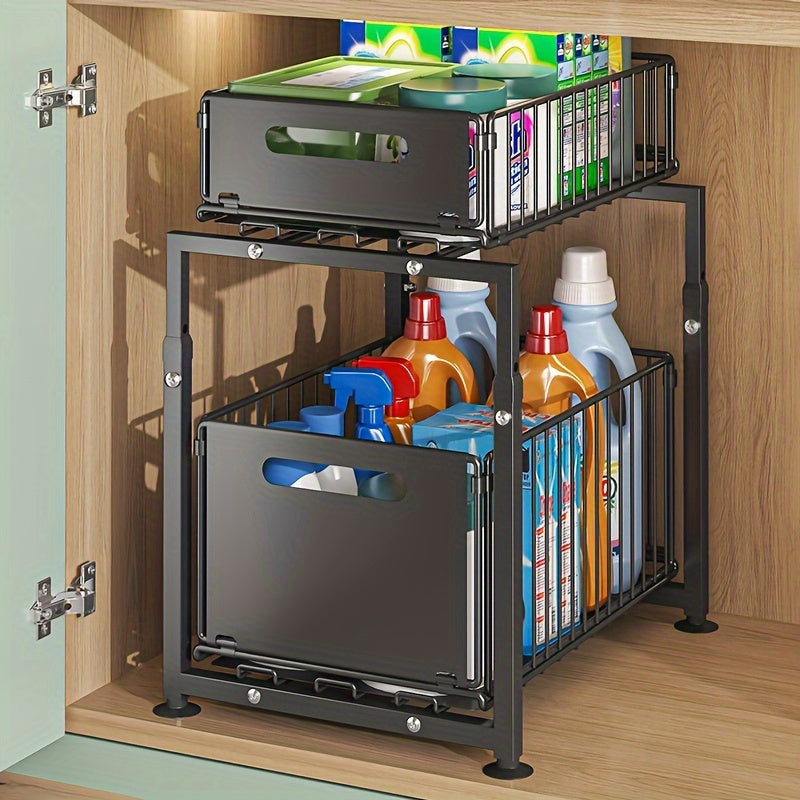 2-Tier Slide-Out Under Sink Organizer Heavy Duty Carbon Steel Kitchen Bathroom Cabinet Storage Shelf with Adjustable Shelves Hooks Sliding Drawers