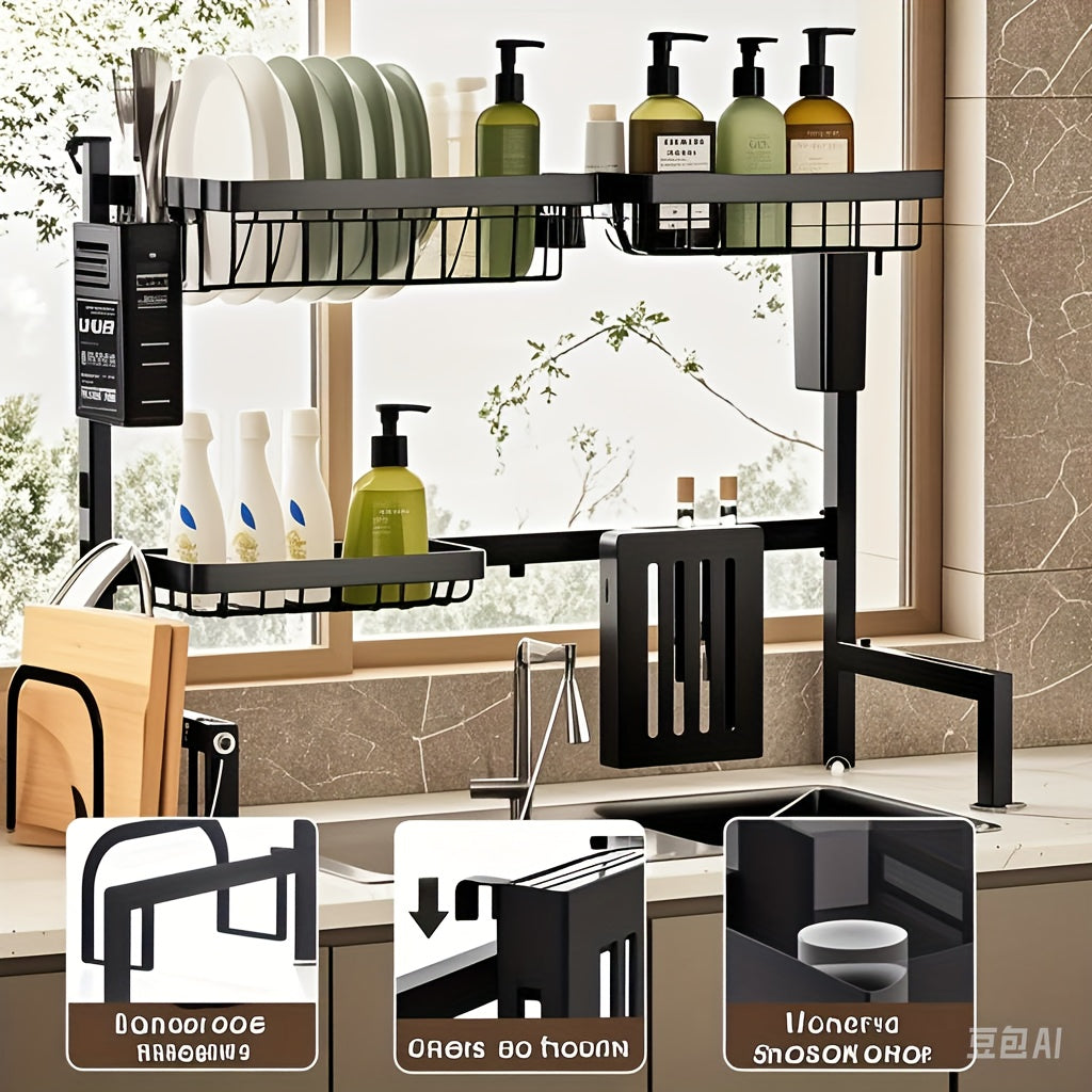 Expandable Multi-Tier Kitchen Sink Organizer Black Metal Dish Rack with Drainage Tray Spice Shelf Towel Holder Space-Saving Kitchen Storage Accessories