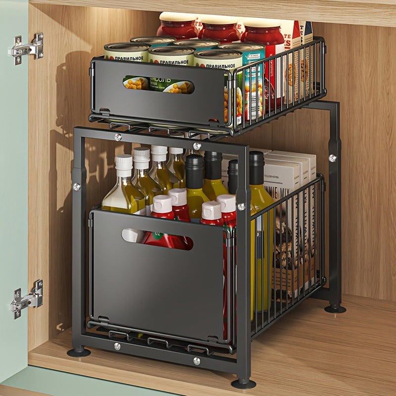 2-Tier Slide-Out Under Sink Organizer Heavy Duty Carbon Steel Kitchen Bathroom Cabinet Storage Shelf with Adjustable Shelves Hooks Sliding Drawers