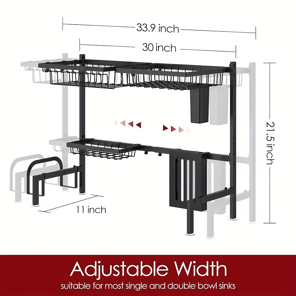 Expandable Multi-Tier Kitchen Sink Organizer Black Metal Dish Rack with Drainage Tray Spice Shelf Towel Holder Space-Saving Kitchen Storage Accessories