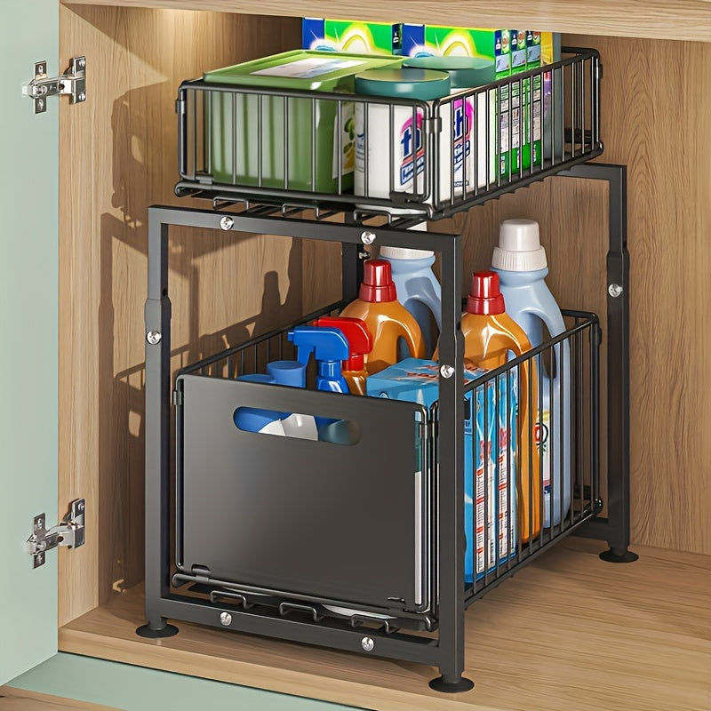 2-Tier Slide-Out Under Sink Organizer Heavy Duty Carbon Steel Kitchen Bathroom Cabinet Storage Shelf with Adjustable Shelves Hooks Sliding Drawers