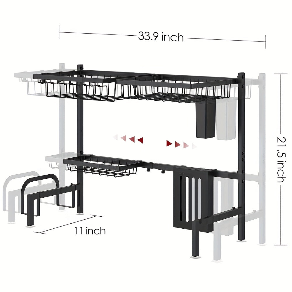 Expandable Multi-Tier Kitchen Sink Organizer Black Metal Dish Rack with Drainage Tray Spice Shelf Towel Holder Space-Saving Kitchen Storage Accessories
