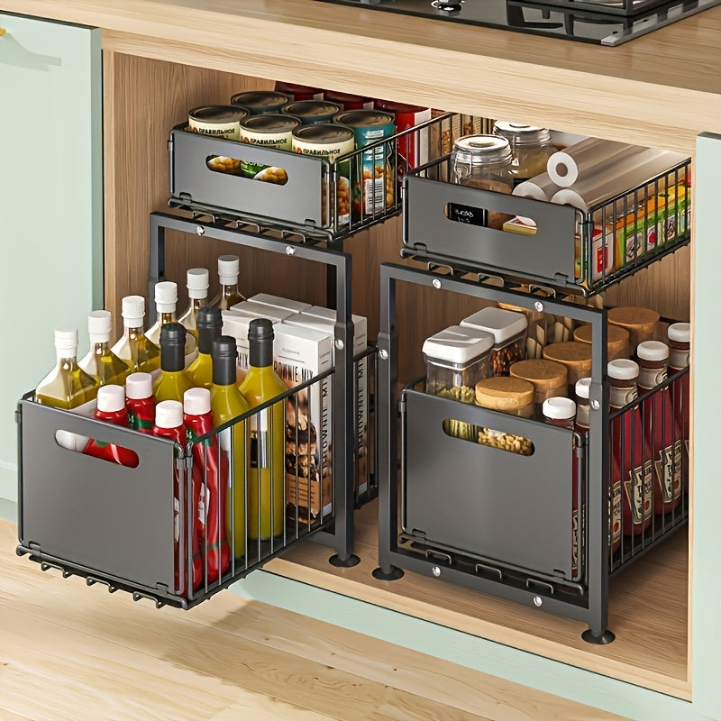 2-Tier Slide-Out Under Sink Organizer Heavy Duty Carbon Steel Kitchen Bathroom Cabinet Storage Shelf with Adjustable Shelves Hooks Sliding Drawers
