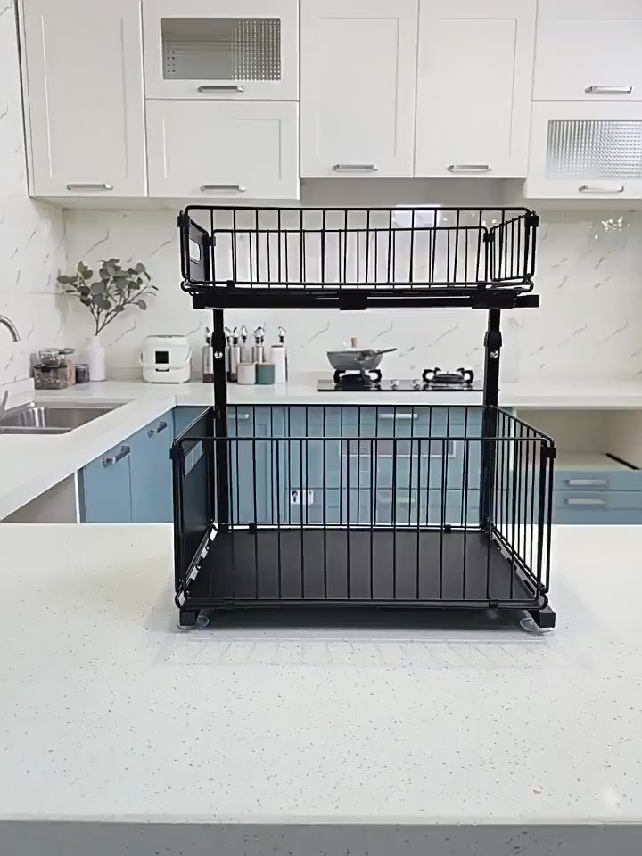 2-Tier Slide-Out Under Sink Organizer Heavy Duty Carbon Steel Kitchen Bathroom Cabinet Storage Shelf with Adjustable Shelves Hooks Sliding Drawers