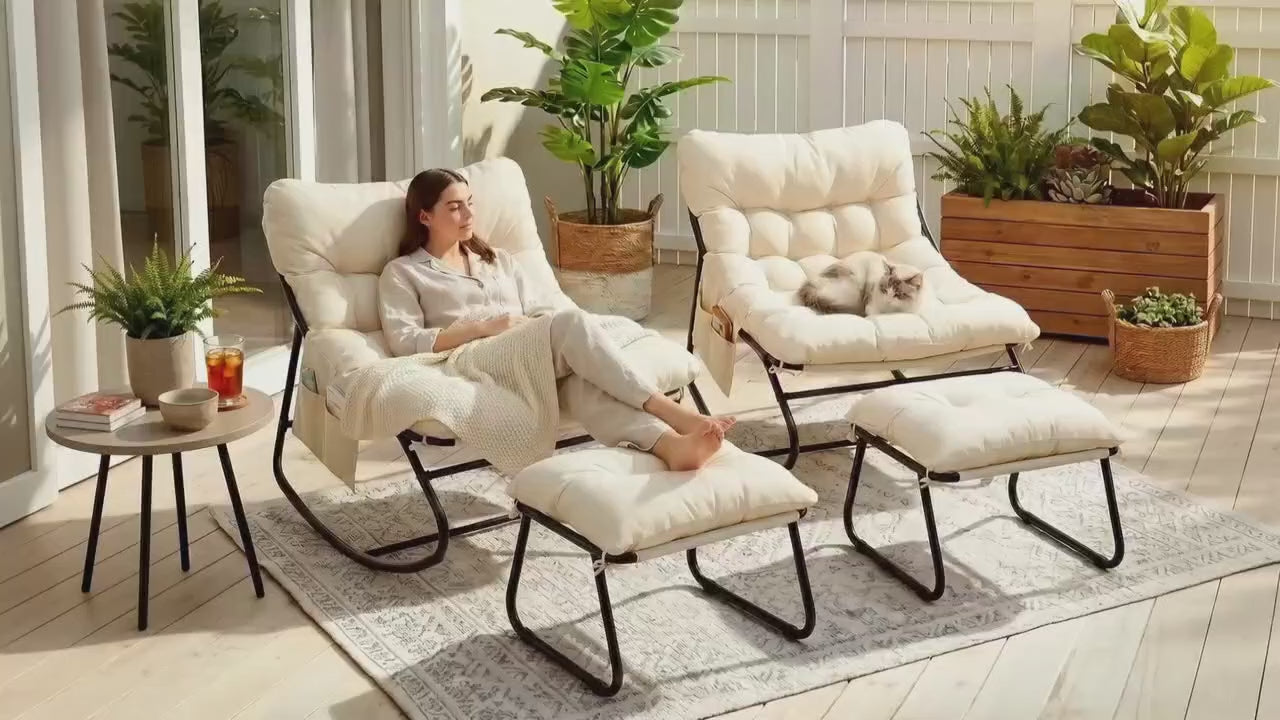 Outdoor Papasan Rocking Chair with Ottoman, Sturdy Metal Frame Patio Lounge Rocker Chair with Cushion for Balcony Backyard Porch