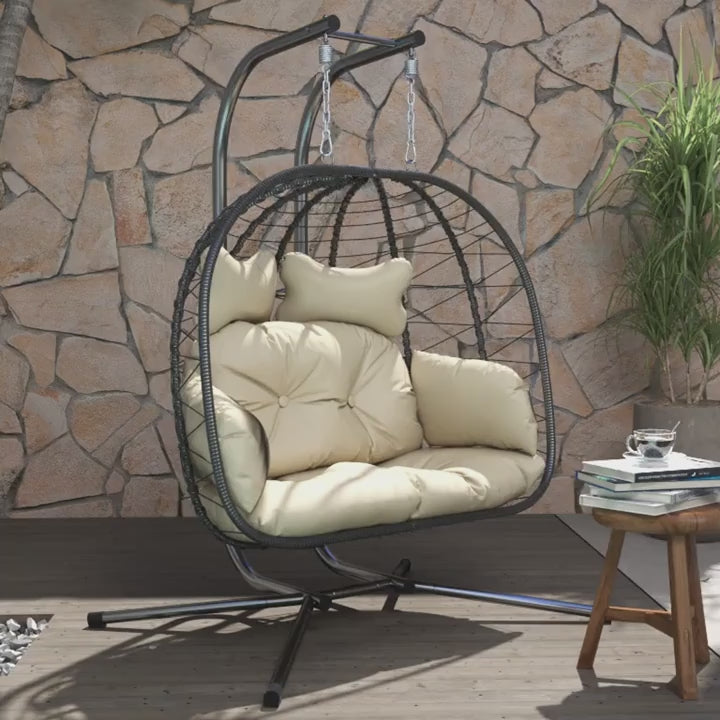 Double Wicker Egg Swing Chair with Stand, 700 Lbs Capacity Hanging Rattan Hammock Recliner, UV Water Stain Resistant Removable Cushion for Patio Balcony Deck Pool, Black & Beige